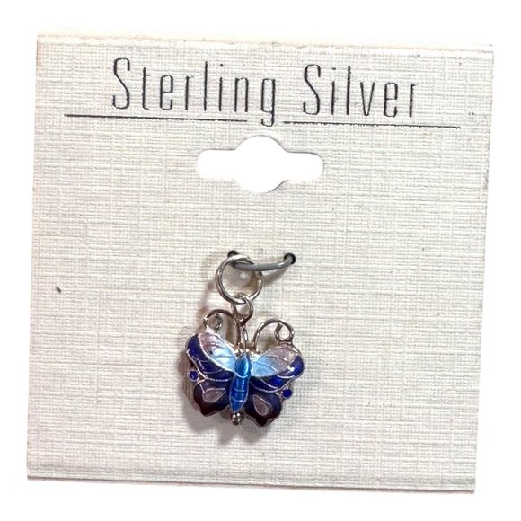 Vtg Cloisonne Blue Enamel Sterling Silver Blue & Purple Butterfly Charm Pendant - Picture 2 of 4